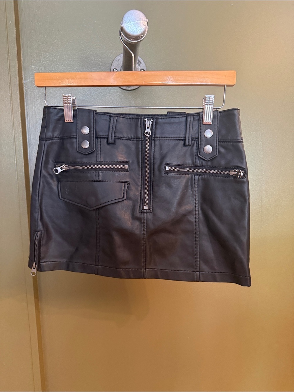 Free People Black Faux Leather Mini Skirt with Zip Accents